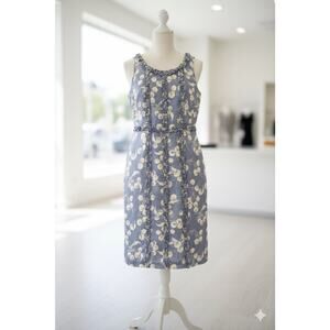 Boden 100%Silk Blue&Cream Floral Sleeveless Knee Length A-line Ruffled Size 4